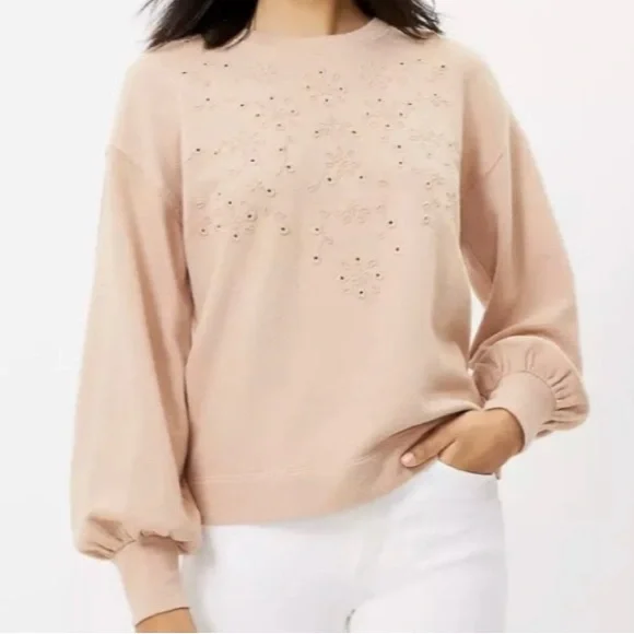 NWT LOFT (size 14) Light Brown Sugar Embroidered Sweatshirt - Picture 1 of 2